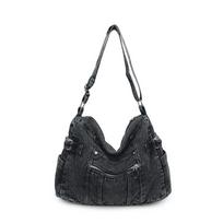Moterų Vintažinė Džinsinė Hobo Crossbody Rankinė Didelės Talpos Skalbta Džinsinė Pečių Rankinė su Reguliuojama Rankena Kelių Užtrauktukų Kišenės Atsitiktinė Kasdienė Kelionėms juoda