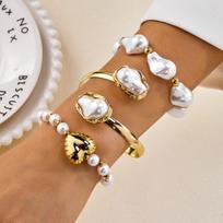 Liquid Metal Geometric Bracelets Set For Women Irregular Imitation Pearls Heart Beaded Bracelets Party Jewelry Gifts