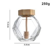 Hexagon Honey Glass Jar 250g 500g 1000g with Wooden Dip Stick for Elegant Food Presentation and Storage 250g