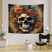 Skeleton Tapestry – Trippy Psychedelic Guitar Head Skull With Rose & Floral Design,Colourful 3D Groovy Gothic Artwork On Vintage 70x100CM