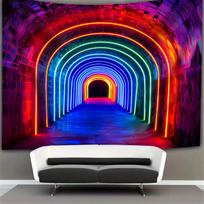 Neon Lights Tunnel Tapestry - Vibrant Rainbow Arches Wall Hanging For Living Room, Bedroom Decor - Modern Home Decoration 75x75cm