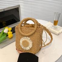 Yogodlns Summer Women Rattan Bucket Rankų darbo krepšys iš šiaudų rankenų Crossbody Krepšiai 16*8*20cm chaki