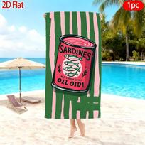 Retro Sardine Can Beach Towel - Pink & Green Stripes, Pop Art Food Design, Quick Dry, Multiple Sizes 70x40cm