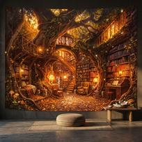 Estetiškas stebuklingas medžio namelis-biblioteka gobelenas, Užburtas miško knygų lentyna jaukus skaitymo kampelis kraštovaizdis kabinamas, Boho Cottagecore 70x100CM brown