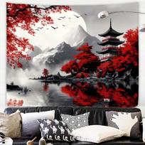Japanese Red Maple Tapestry, Black And White Fuji With Red Trees And Pagoda By Lake Print Wall Hanging For Bedroom Living Room 70x100CM