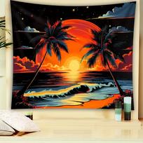 Vibrant Sunset Oasis Wall Tapestry For Modern Living Room Decor, Featuring A Stunning View Of A Fiery Orange Sun Setting 100x150cm