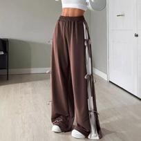 Moteriškos aukšto juosmens plačių klešnių cargo sportinės kelnės su elastingu juosmeniu ir raišteliu-juostele, streetwear, laisvalaikio kelnės L kava