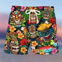 Vyriškos kelnaitės plaukimui su gėlių / augalų raštu, boardshorts, trumpikės, vidutinio liemens, havajietiško etninio boho stiliaus, laisvalaikio 2XL black