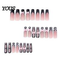 Stick-on Fake Nails 24Pcs French Tip Women Press on Nails, Pink Bow Rhinestone Home Manicure Kit 3D Charm Long Glue False DIY Supplies 24PCS