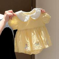 Sweet Cute Baby Girl Onesie Plaid Pattern Rabbit Embroidery Doll Collar Stylish Summer Crawling Bodysuit 59