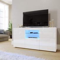 Dripex Modern Glossy White LED TV Stand - 135x33.5x70cm With 2 Large Doors 1 Small Door Glass Shelf