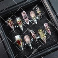 Press-On Nails With 3D Heart Cross Studs - Long Shape Acrylic Nail Tips Women Sweet Punk Chic Style L Includes 3 sets of nail art tools