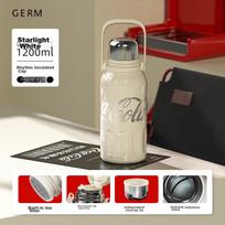 Germ Coca-Cola Insulated Mug, Sports Water Bottle for Men And Women, Large Capacity Car Cup, Student Cup, 1200ML, Starlight White