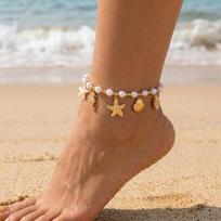 Bohemia Elegant Imitation Pearls Anklet for Women Starfish Seahorse Shell Conch Pendant Bracelet On Leg Beach Barefoot Jewelry