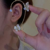 Women's Korean Style Gold Color Butterfly Ear Cuff, Shiny Zircon Tassel Clip on Earrings, Copper Non-Piercing Fashion Jewelry