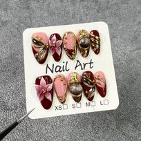 3D Floral Bow French Tip Press-On Nails With Cat Eye Effect Ultra-Thin Acrylic Nail Tips In Almond Shape Luxury Retro Style Small