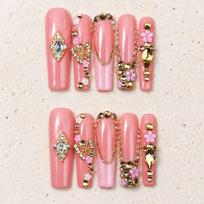 Handcrafted Press-On Nails With 3D Gold Chain Embellishment Crystal Rhinestones Sweet French Style Women Small
