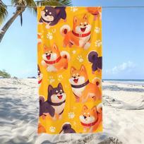 Cute Shiba Inu Beach Towel - Cartoon Dog Print, Yellow Background, Soft Microfiber, Multiple Sizes 70x40cm