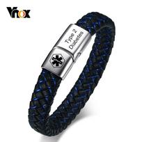 Vnox individualizuotas medicininis vyriškas ID apyrankė pintas odinis apyrankė su užsegimu Diabetas LOPD Alzheimerio liga personalizuoti papuošalai 19.5cm black