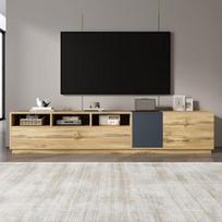 Meuble TV en bois - LEMONBEST - Meuble TV Moderne Bicolore - 200×45×45 cm - Bicolore gris-noir/bois - 3 compartiments et portes