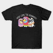 Men Black Print T-shirt Bluey Here Come The Grannies Funny Scene No-Cut Transfer Paper Print Cotton Tshirt S juoda