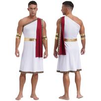 Mens Ancient Greek Toga Halloween Cosplay One Shoulder Embroidered Trim Robe with Sleeves S bordinė