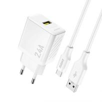 Sieninis USB įkroviklis telefonui 2.4A su USB-C laidu baltas