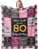 Flanelinis minkštas pledas 80-ajam jubiliejui 150x130 cm Gimtadienio dovana Rožinis — dovana močiutei, sofos užtiesalas, pledas su užrašais, miegamojo tekstilė, jubiliejaus dovana, šiltas pledas, poliesterio pledas