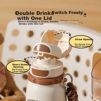 BEDDYBEAR Rugged Double Drink Lid Sports Insulated Cup Men and Women Straw Water Bottle Large Capacity Student Cup 600ML Greedy Little Bear