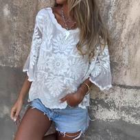 Moteriški balti gėlėmis siuvinėti laisvi V formos iškirptės trijų ketvirčių rankovių marškiniai S balta