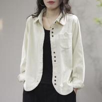 Spring Autumn Vintage Loose Casual Cordury Shirt Ladies Pocket Fashion Cardigan Women Long Sleeve Blouse XL smėlis