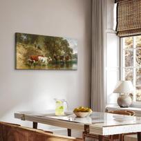 Drobė ant medinio rėmo Galvijai prie upės Modernus 50 x 100 cm — svetainės sienų dekoras, ūkio gyvūnų grafika, didelis gamtos spaudinys, miegamojo papuošimas, kaimo peizažas namams, didelio formato menas