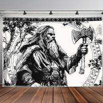 Extra Large Viking Warrior Tapestry, Norse Battle Scene With Rune Symbols And Axe Design,  For Man Cave Living Room Decor 100X150cm gray