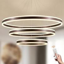 Modernus LED pakabinamas šviestuvas 3 žiedai, reguliuojamas, rudas Ø60-100cm — svetainės liustra, led lubinis apšvietimas, šviestuvas su pulteliu, reguliuojama liustra, miegamojo apšvietimas, žiedinis šviestuvas