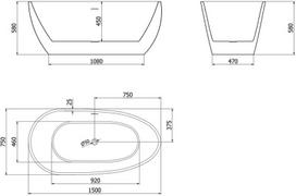Mexen Eos laisvai stovinti vonia 150 x 75 cm, balta/juoda, perpylimo anga šlifuotas nikelis - 52471507575-97, 150 x 75 cm