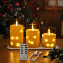 Baltos LED dekoratyvinės žvakės su girlianda ir laikmačiu, 3 vnt. rinkinys 7.5cm — beplieknės žvakės, dekoratyvinis apšvietimas, žvakės su pulteliu, įkraunamos žvakės, svetainės dekoracijos, žvakės su laikmačiu
