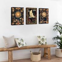 Drobės paveikslai, 3 dalių rinkinys 50x70cm Boho Gotikinis Saulė Mėnulis Taro — triptikas ant sienos, svetainės dekoracijos, ezoterinė grafika, paveikslai miegamajam, boho interjeras, didelės drobės, mistinės sienų dekoracijos