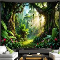 Tropical Rainforest Tapestry, Lush Jungle With Sunlight And Waterfall, Nature Scenery Wall Art For Living Room Bedroom Decor 70x100cm28x39in