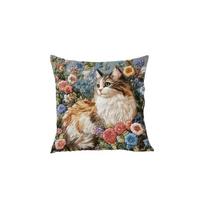 1Pc Floral Calico Cat Throw Pillow Cover, 2D Double-Sided Print Soft Polyester Cushion Case For Home Sofa Bedroom Car Decor Peach skin 18*18(CM)-1Pcs