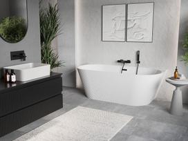 Mexen Oris laisvai stovinti prie sienos raižyto paviršiaus vonia 150 x 75 cm, balta, juodas vandens perteklius - 52871507500-70, 150 x 75 cm