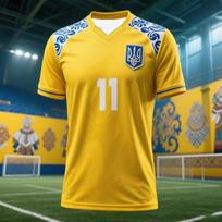 Football jerseys featuring the Ukrainian trident logo, blue and yellow flag design, 3D print, short sleeves, family style. XXS balta