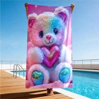 Rainbow-Patterned Plush Teddy Bear With Glitter Heart And Ears 1Pc Beach Towel Unisex Soft And Comfortable Suitable For Beach 50x100cm(20x40in)