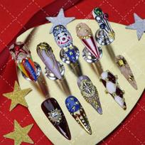 3D Cartoon Clown Circus Press-On Nails Women - Cute Acrylic Nail Tips With Hearts Stars Plaid Design L Includes 3-piece nail art tool kit