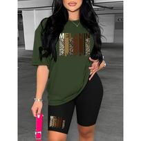 Women's Summer Casual Loose Fit Large Size MELANAN Print Round Neck Short Sleeved T-shirt+shorts Two-piece Set S