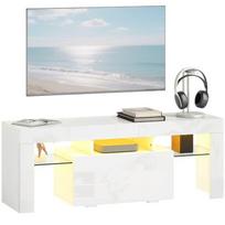 TV Stand - HOMCOM - RGB LED Lighting, High Gloss, Tempered Glass Shelves, Fold-Down Cabinet - MDF - 120x34x45cm - white
