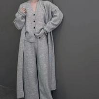 Vest cardigan wide-leg pants three-piece casual style set autumn and winter new solid color sweater One size