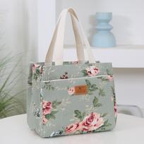 Portable Canvas Lunch Bag Floral Print Large Capacity Ice Bag Foil Lining Lunch Box Handbag for Women