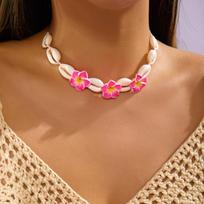 Bohemian Soft Clay Big Flower Sea Shell Choker Necklace Pink Blue Green Floral Beach Party Jewelry Gift For Women