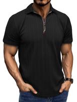 Men Herringbone Textured Lapel Half Zip Short Sleeve Solid Color Casual Polo Shirt S juoda
