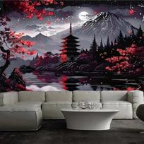 Mysterious Fuji Landscape Tapestry, Crimson Maple Night Pagoda Lake Wall Cloth, Cool Backdrop For Bedroom Home Space Indoor 70x100CM
